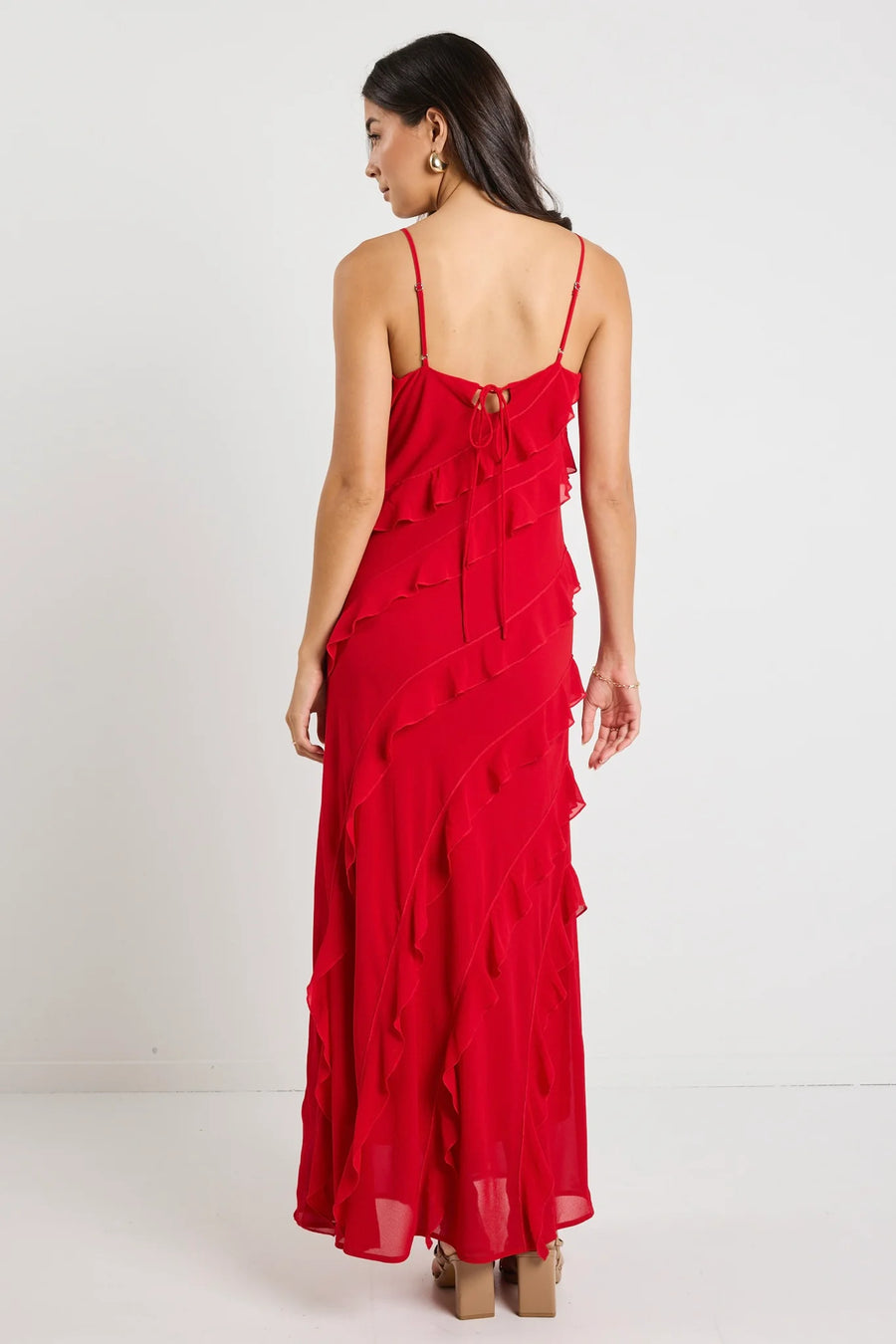 GEORGIA MAE GALORE FLAME BIAS RUFFLE SLIP MAXI DRESS - WILDROSE