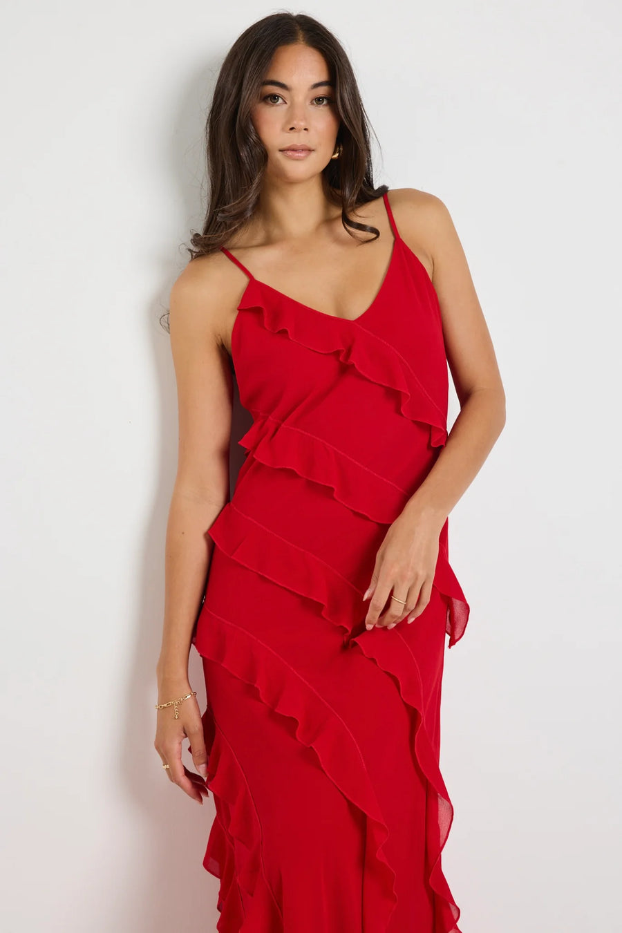 GEORGIA MAE GALORE FLAME BIAS RUFFLE SLIP MAXI DRESS - WILDROSE