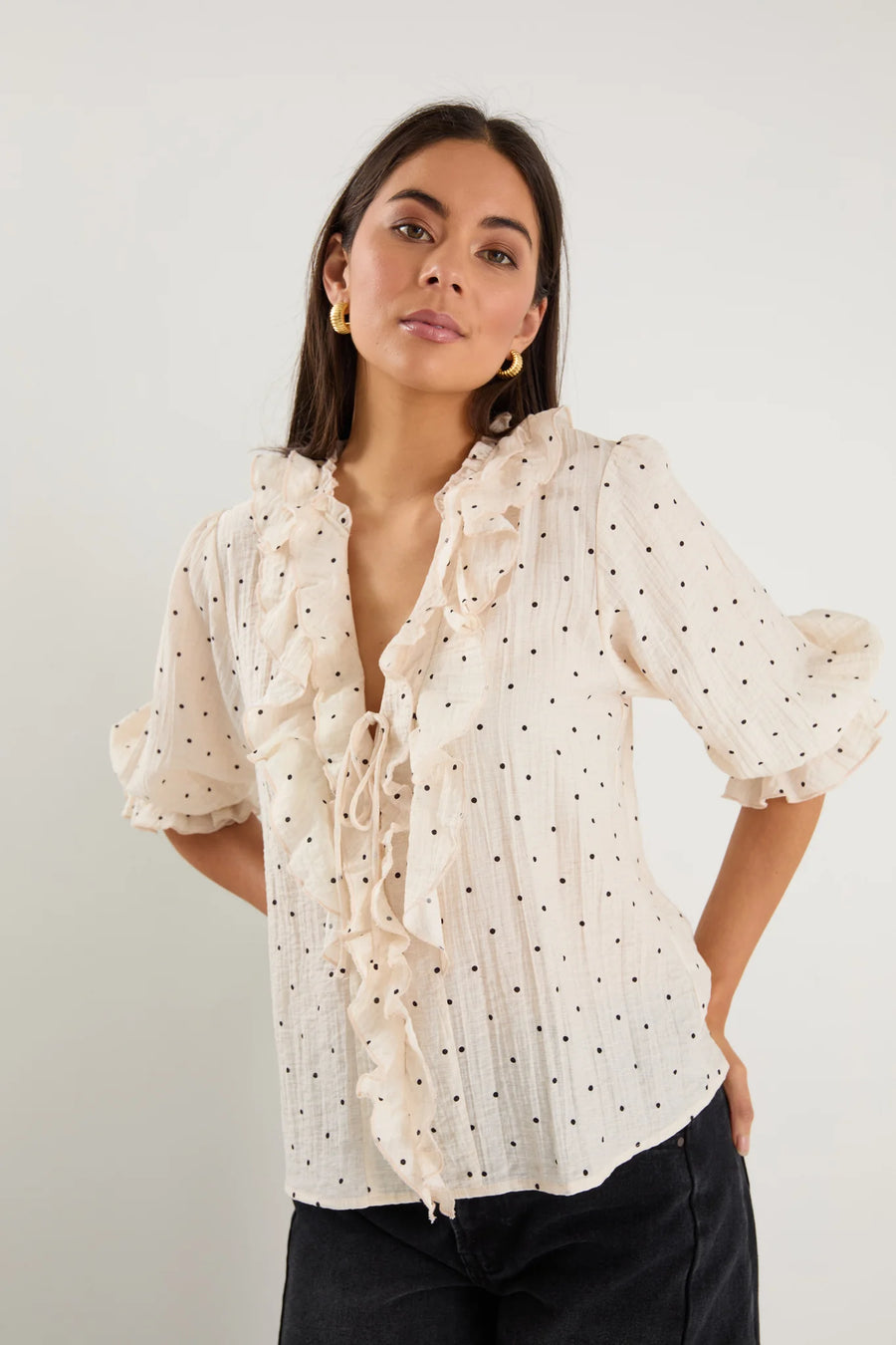 IVY + JACK GARNISH CREAM BLACK POLKA DOT FRONT MID SLEEVE TOP - THE VOGUE STORE