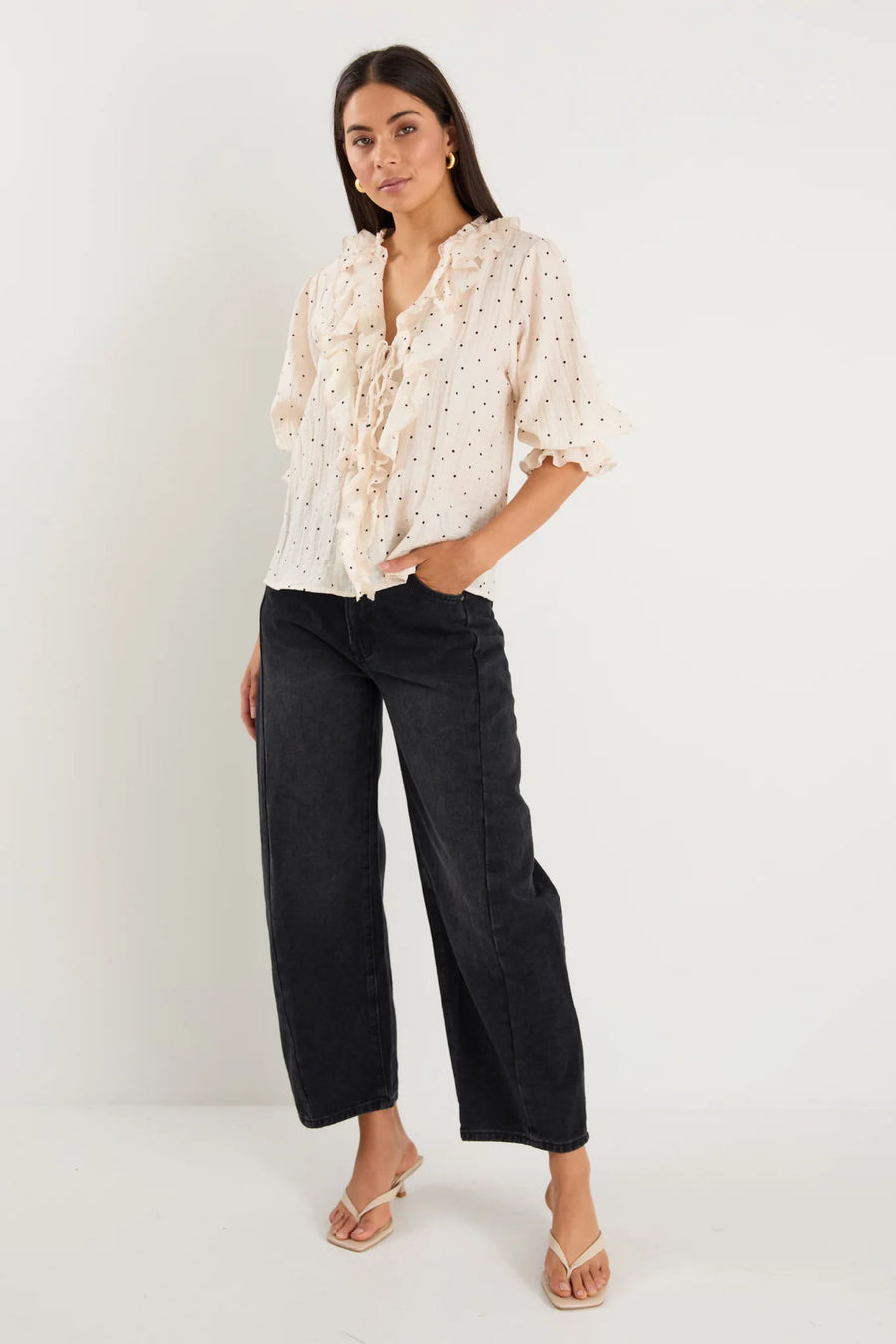 IVY + JACK GARNISH CREAM BLACK POLKA DOT FRONT MID SLEEVE TOP - THE VOGUE STORE