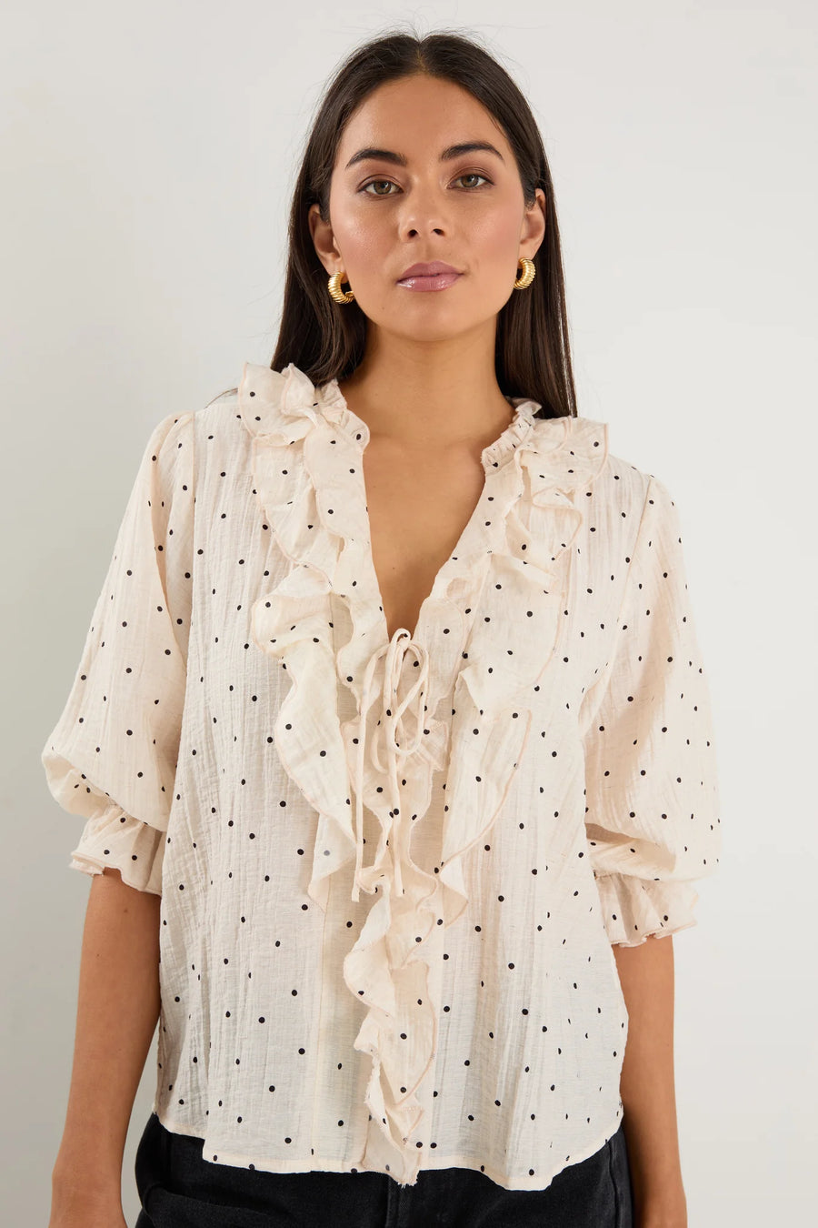 IVY + JACK GARNISH CREAM BLACK POLKA DOT FRONT MID SLEEVE TOP - THE VOGUE STORE