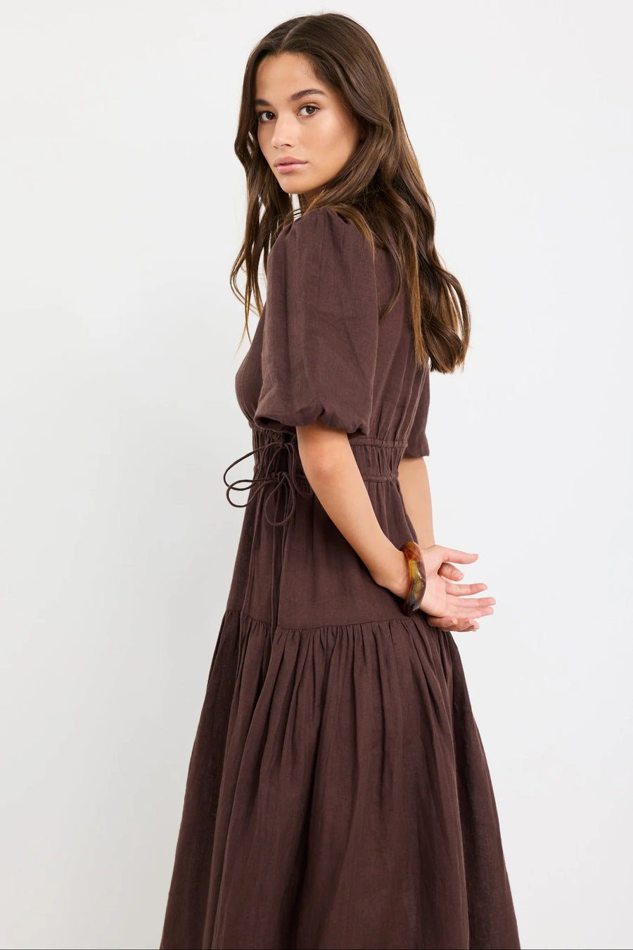 AMONG THE BRAVE GLORY CHOCOLATE LINEN PUFF SLEEVE MIDI DRESS - THE VOGUE STORE