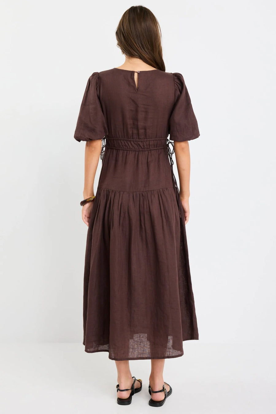 AMONG THE BRAVE GLORY CHOCOLATE LINEN PUFF SLEEVE MIDI DRESS - THE VOGUE STORE