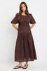 AMONG THE BRAVE GLORY CHOCOLATE LINEN PUFF SLEEVE MIDI DRESS - THE VOGUE STORE