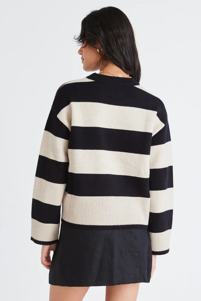 AMONG THE BRAVE GRAVITY BLACK & STONE STRIPE CREW NECK KNIT JUMPER - WILDROSE