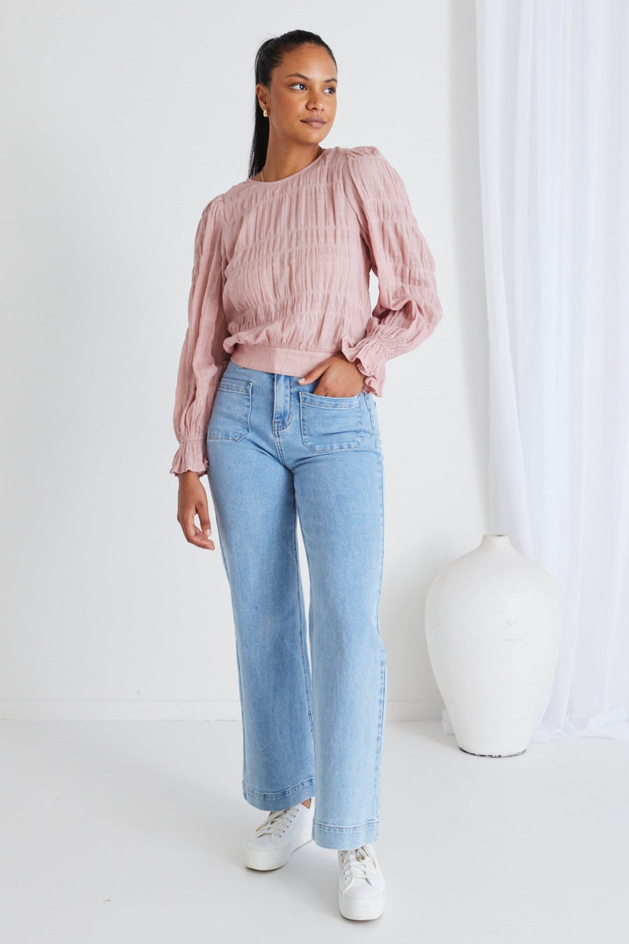 IVY + JACK IMAGINE BLUSH SHIRRED COTTON FRILL SLEEVE LS TOP - BLUSH - WILDROSE