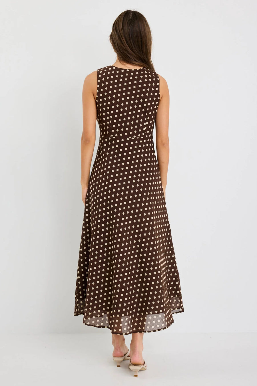 AMONG THE BRAVE INFINITY CHOCOLATE POLKA DOT SLEEVELESS BIAS MIDI DRESS - WILDROSE