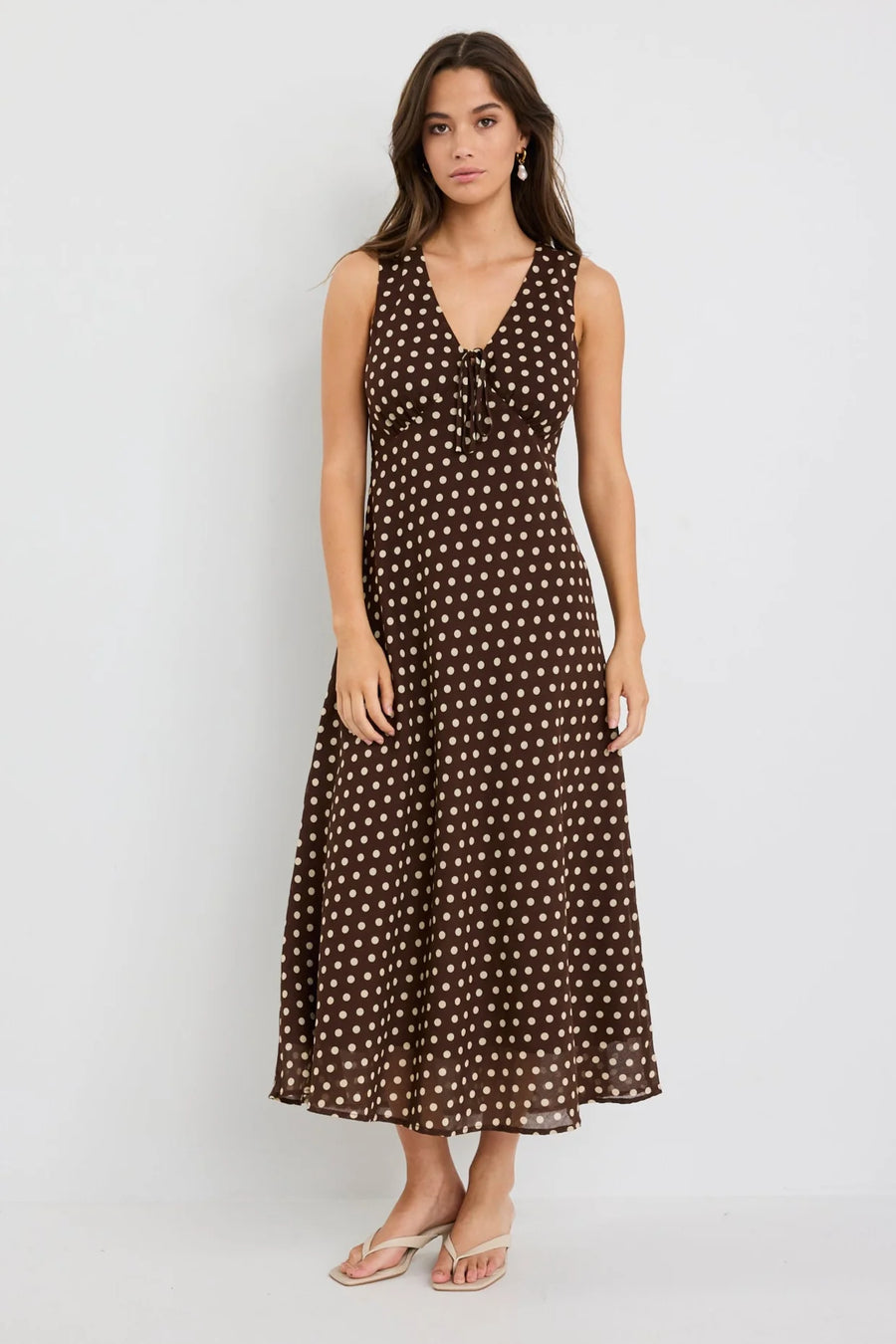 AMONG THE BRAVE INFINITY CHOCOLATE POLKA DOT SLEEVELESS BIAS MIDI DRESS - WILDROSE