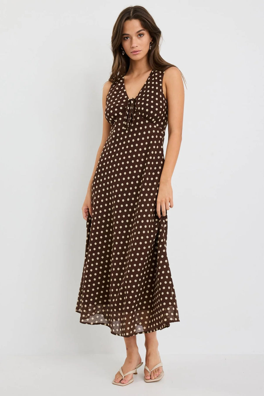 AMONG THE BRAVE INFINITY CHOCOLATE POLKA DOT SLEEVELESS BIAS MIDI DRESS - WILDROSE