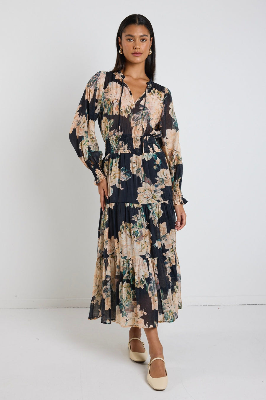 IVY + JACK ADDITION PEACH FLORAL LS SHIRRED WAIST TIERED MAXI DRESS - WILDROSE
