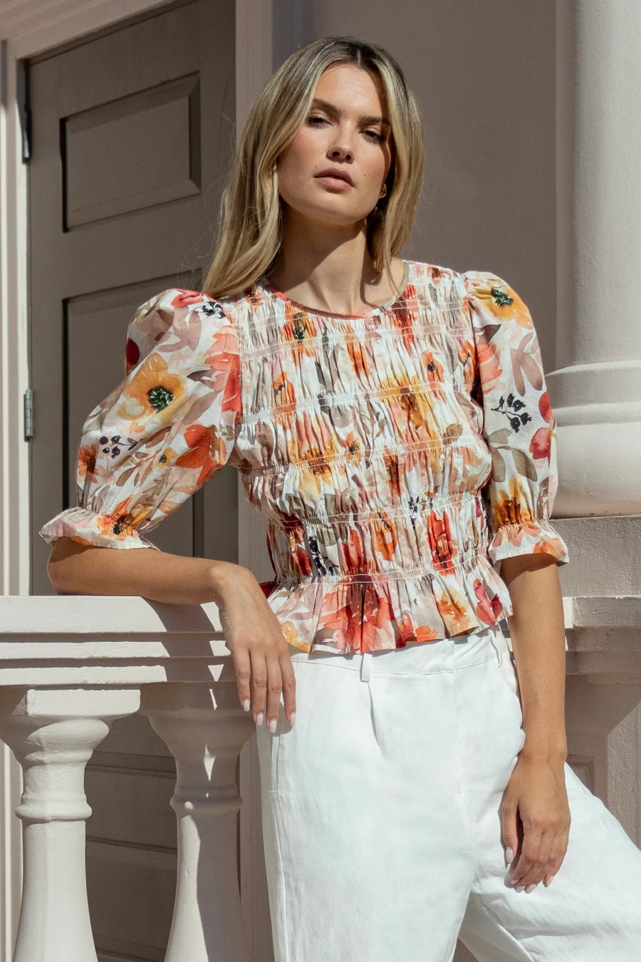 IVY + JACK MELODIC SUNRISE MEADOW SHIRRED BODY SS TOP - SUNRISE MEADOW - WILDROSE