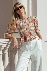 IVY + JACK MELODIC SUNRISE MEADOW SHIRRED BODY SS TOP - SUNRISE MEADOW - WILDROSE