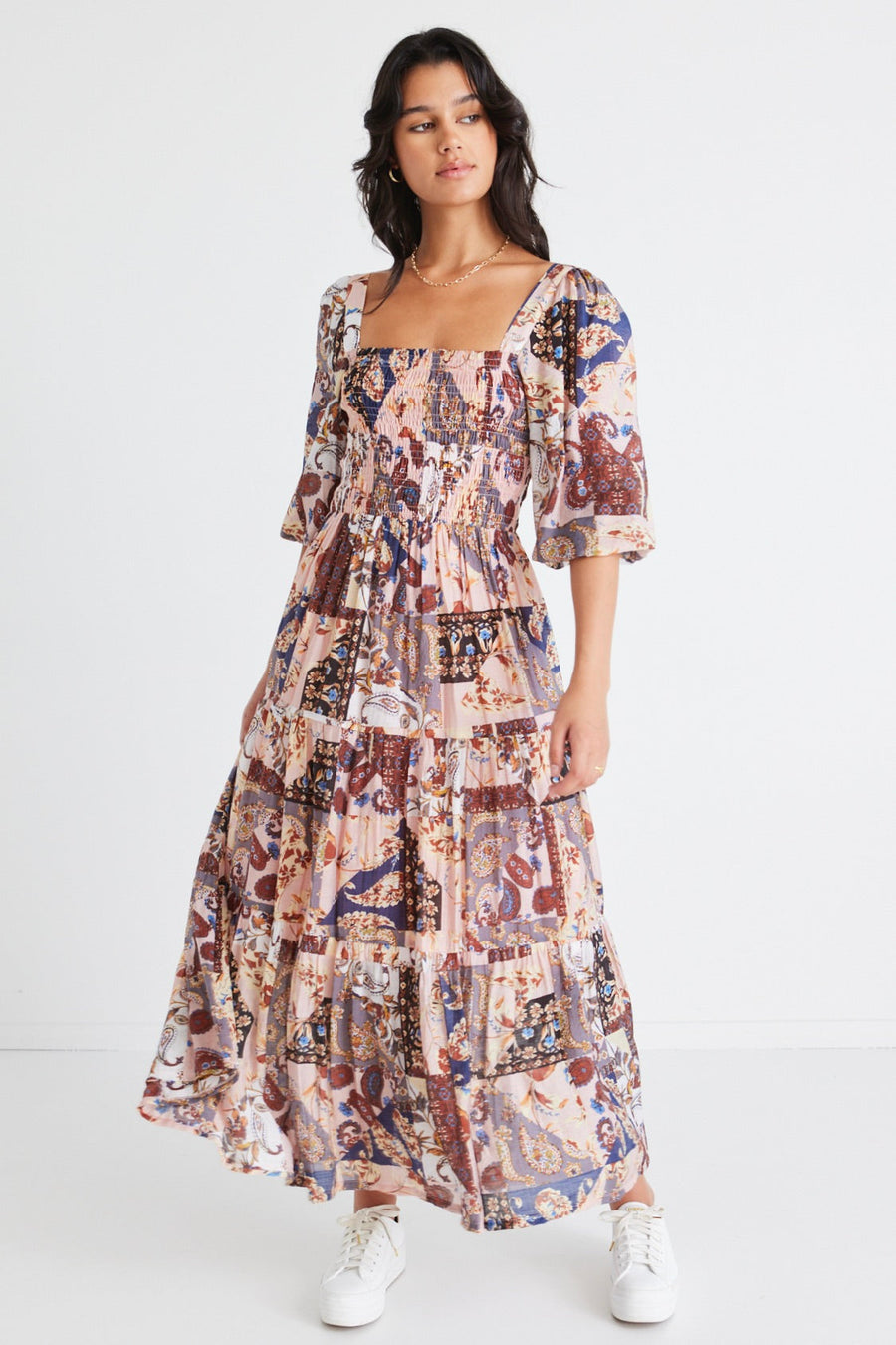 AMONG THE BRAVE MEMORY PATCHWORK PAISLEY LS TIERED MAXI DRESS - WILDROSE