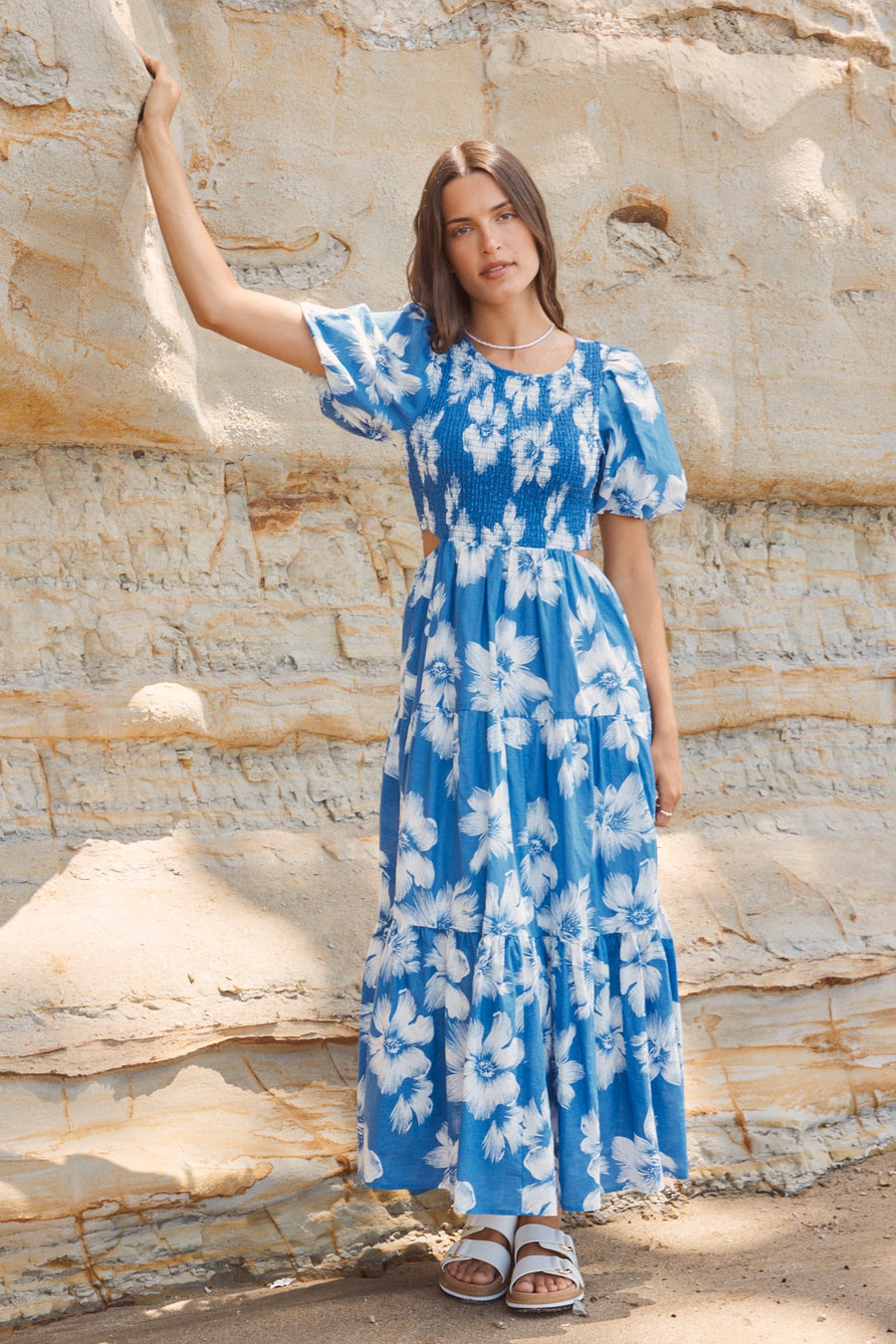 IVY + JACK MILANO BLUE HIBISCUS BUBBLE SLEEVE TIERED MAXI DRESS  - WILDROSE