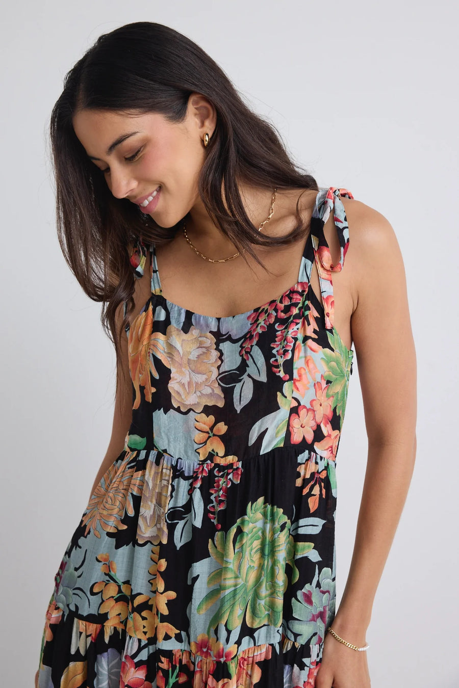 AMONG THE BRAVE NIMBUS TROPICAL BLACK STRAPPY TIERED MAXI DRESS - WILDROSE