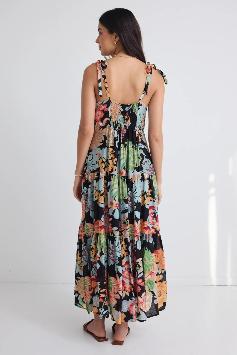 AMONG THE BRAVE NIMBUS TROPICAL BLACK STRAPPY TIERED MAXI DRESS - WILDROSE