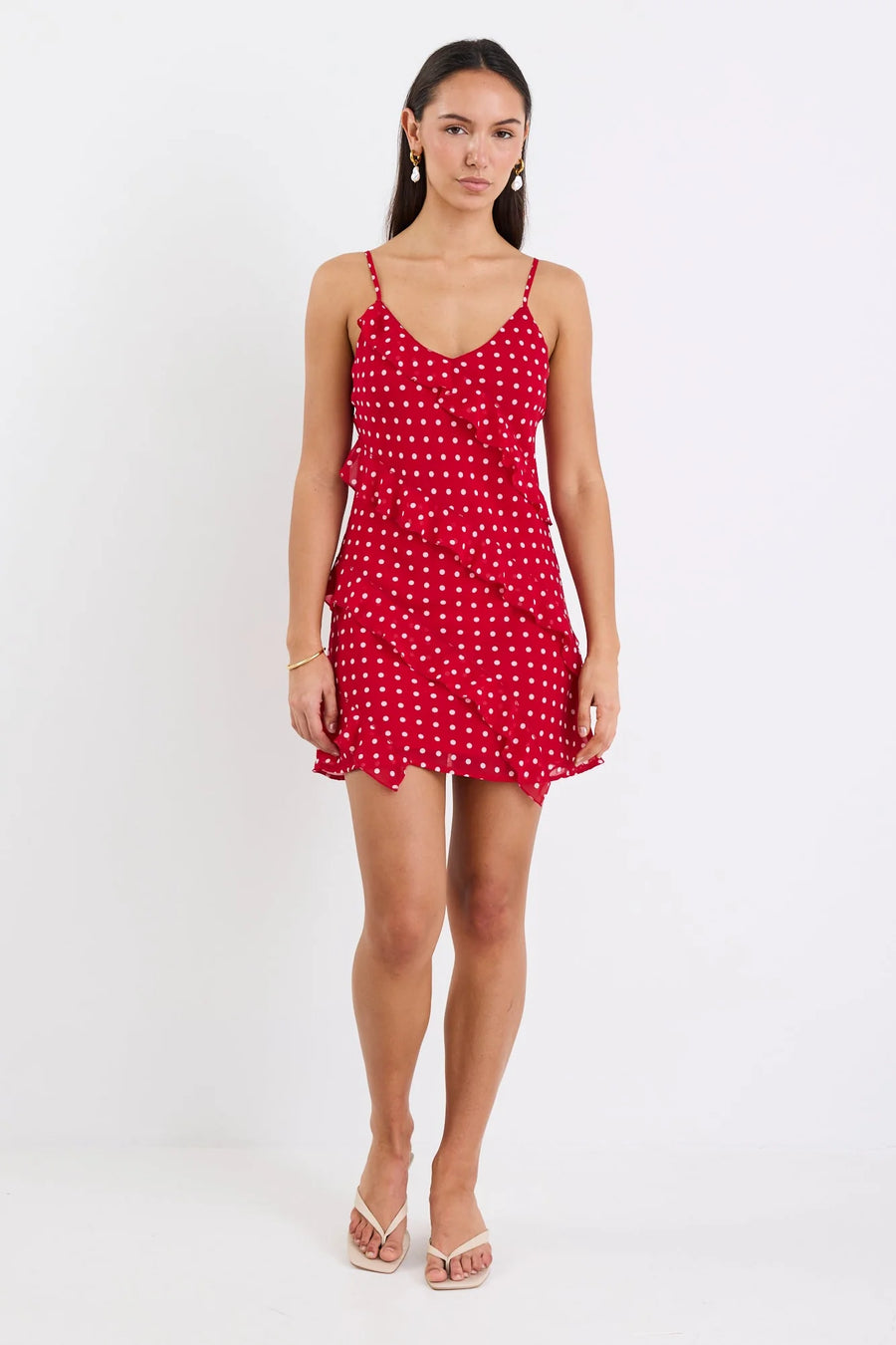 GEORGIA MAE PASSION CHERRY DITSY POLKA DOT BIAS RUFFLE MINI SLIP DRESS - WILDROSE