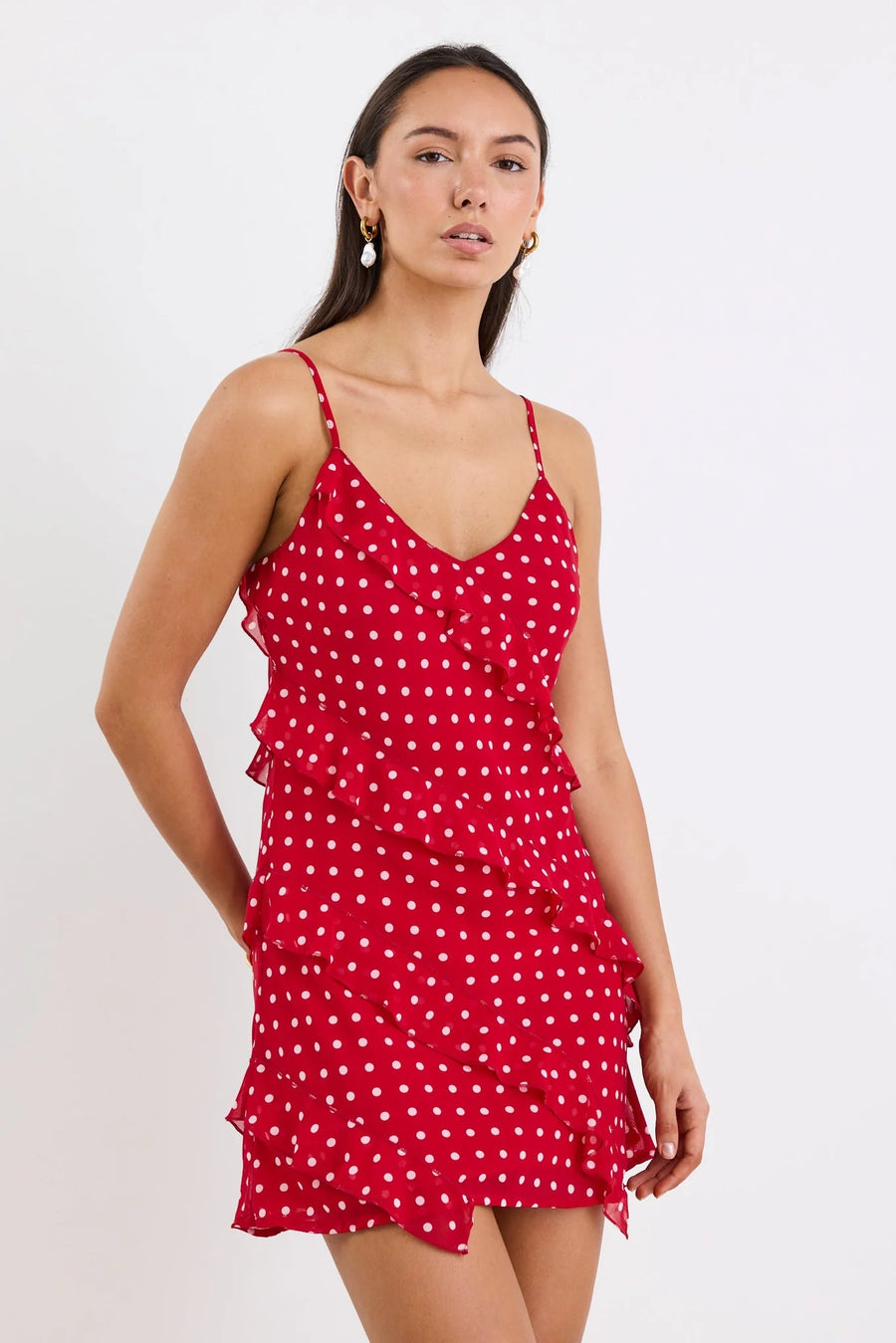 GEORGIA MAE PASSION CHERRY DITSY POLKA DOT BIAS RUFFLE MINI SLIP DRESS - WILDROSE
