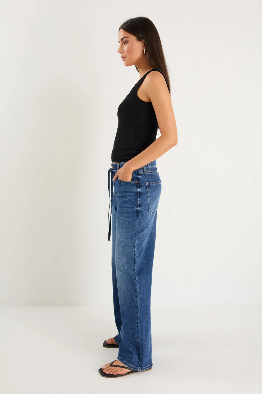 STORIES TO BE TOLD COLLEGE DEEP BLUE WIDE LEG TIE BELT JEAN - WILDROSE