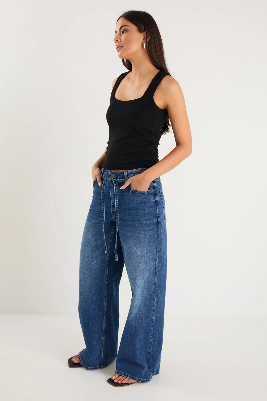 STORIES TO BE TOLD COLLEGE DEEP BLUE WIDE LEG TIE BELT JEAN - WILDROSE
