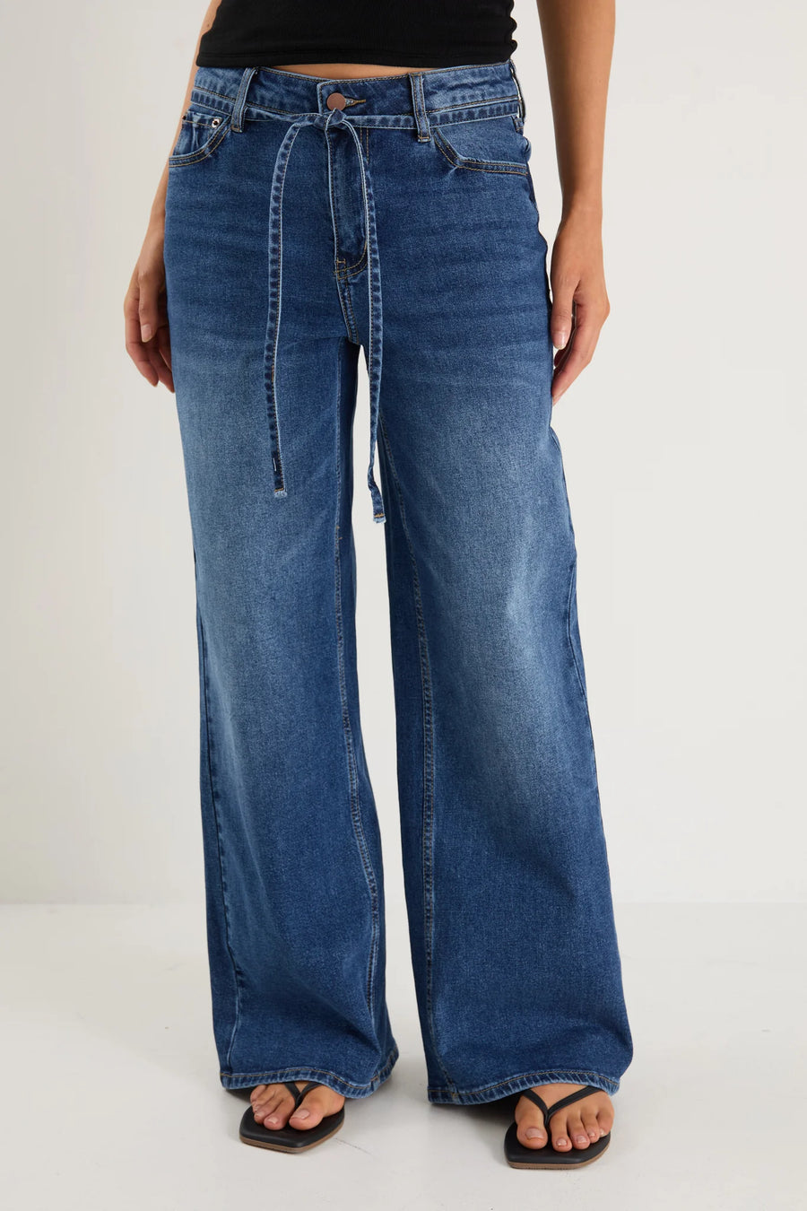 STORIES TO BE TOLD COLLEGE DEEP BLUE WIDE LEG TIE BELT JEAN - WILDROSE