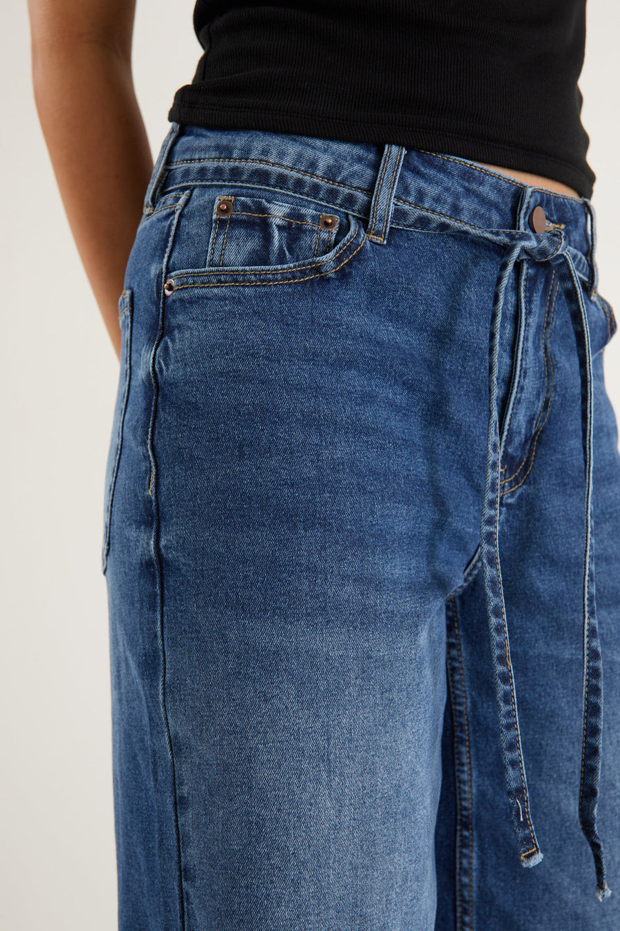 STORIES TO BE TOLD COLLEGE DEEP BLUE WIDE LEG TIE BELT JEAN - WILDROSE