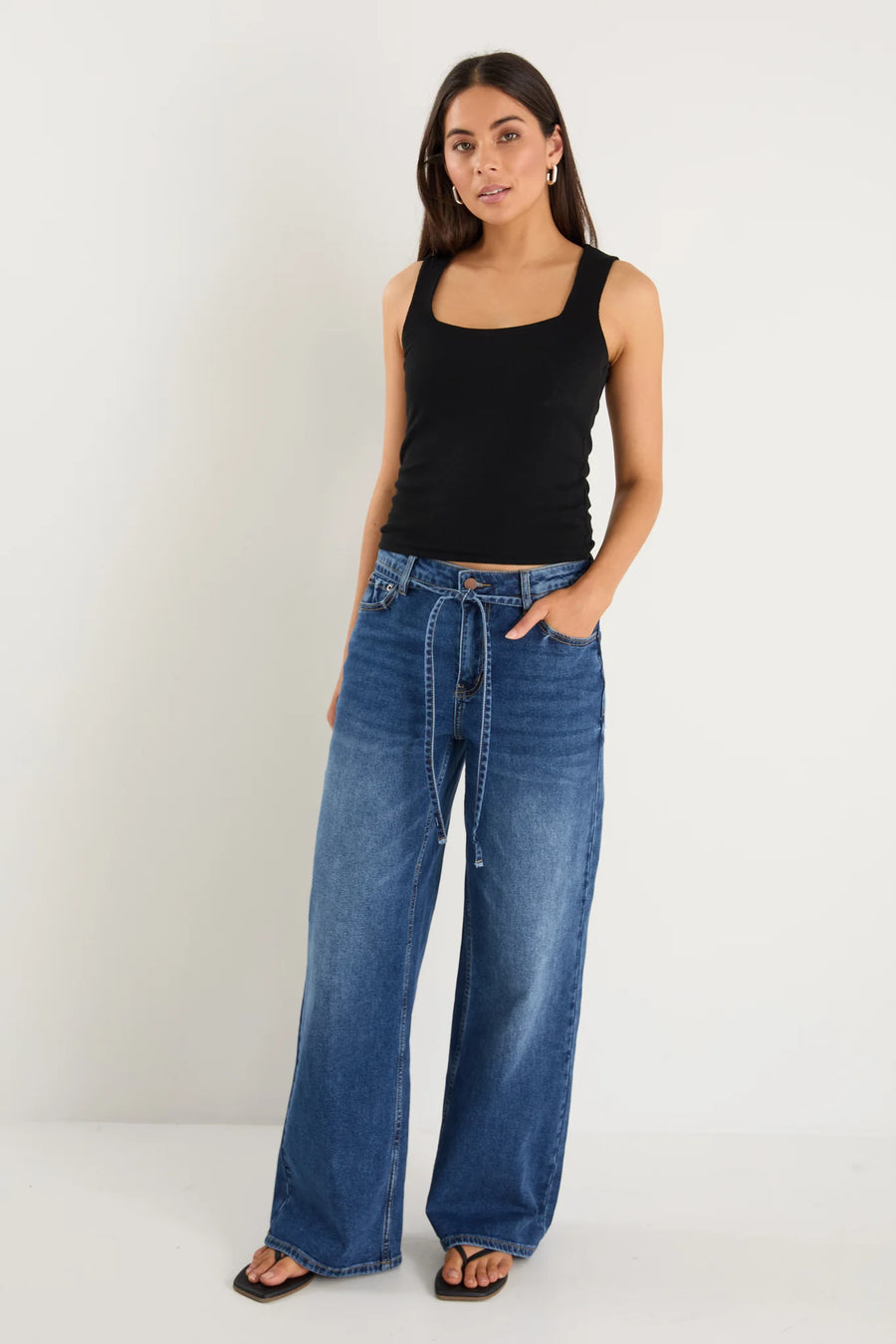 STORIES TO BE TOLD COLLEGE DEEP BLUE WIDE LEG TIE BELT JEAN - WILDROSE