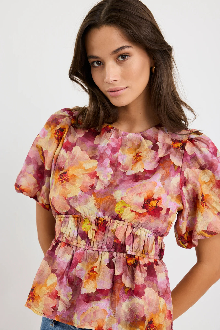 GEORGIA MAE PROVOKE PINK MULTI FLORAL BUBBLE SLEEVE TOP - WILDROSE