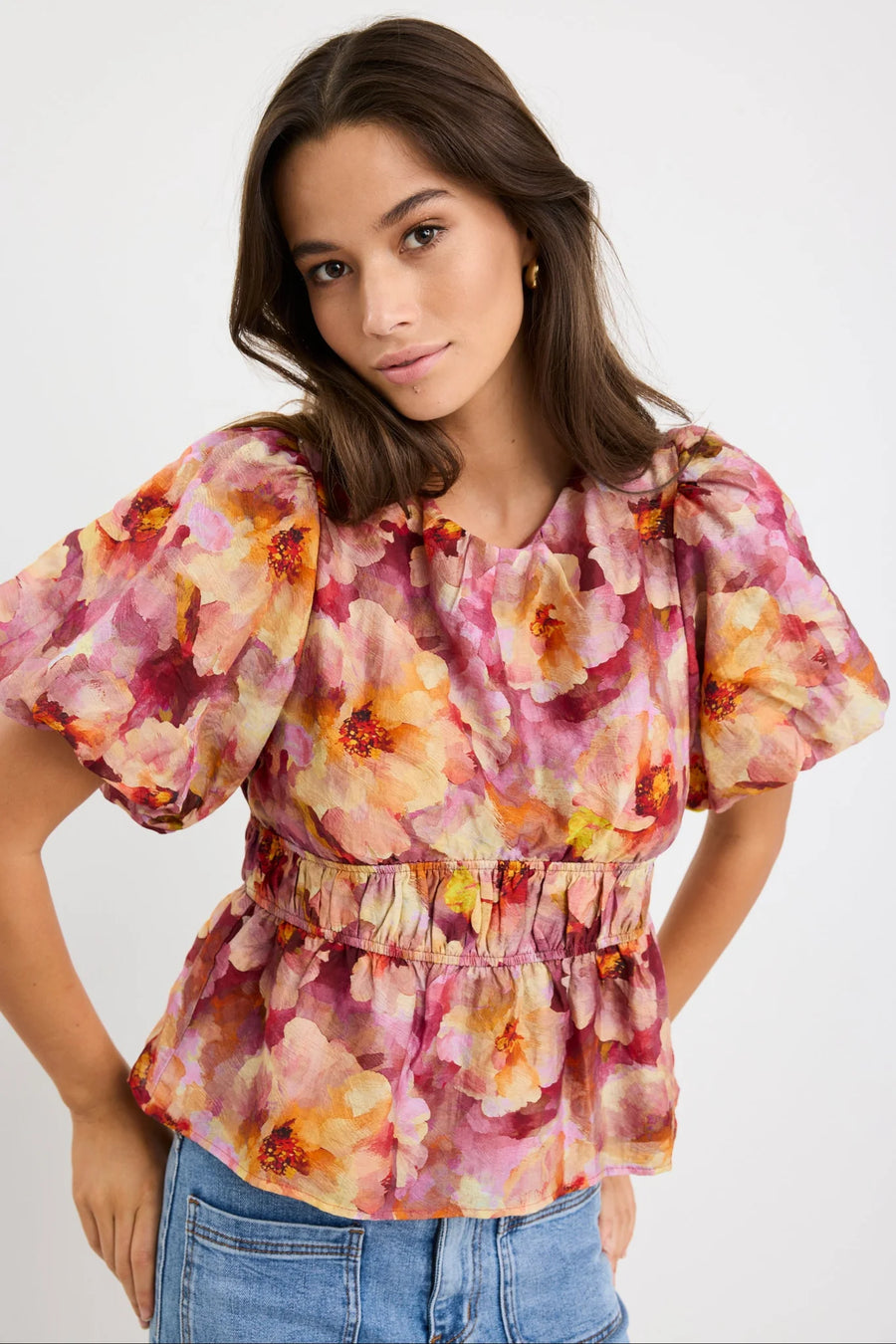 GEORGIA MAE PROVOKE PINK MULTI FLORAL BUBBLE SLEEVE TOP - WILDROSE