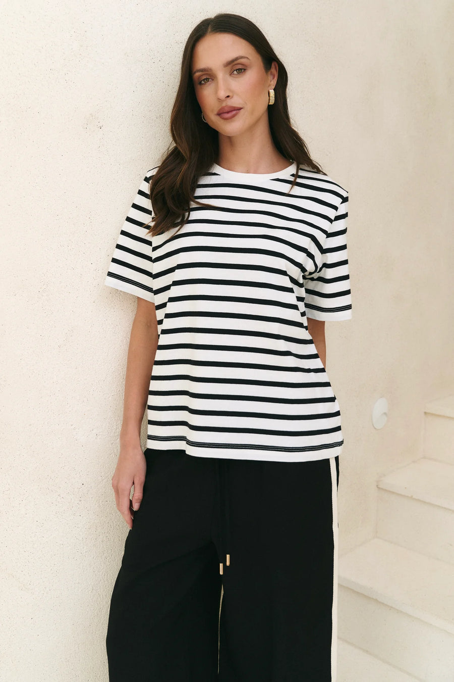 REUNION THE LABEL BINDING BLACK WHITE STRIPE BOXY FIT TEE - WILDROSE