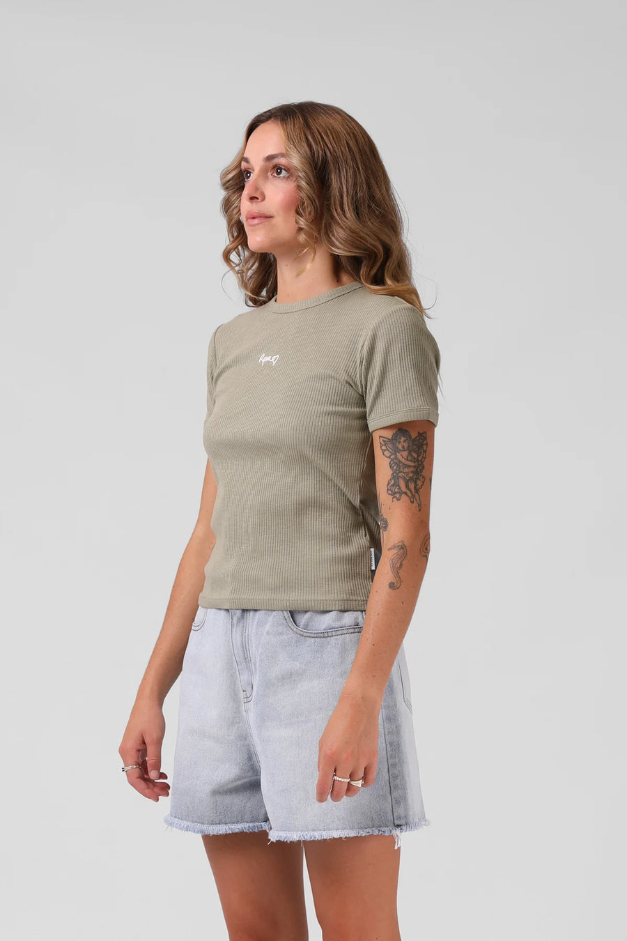 RPM HEART RIBBED TEE - LIGHT OLIVE - WILDROSE