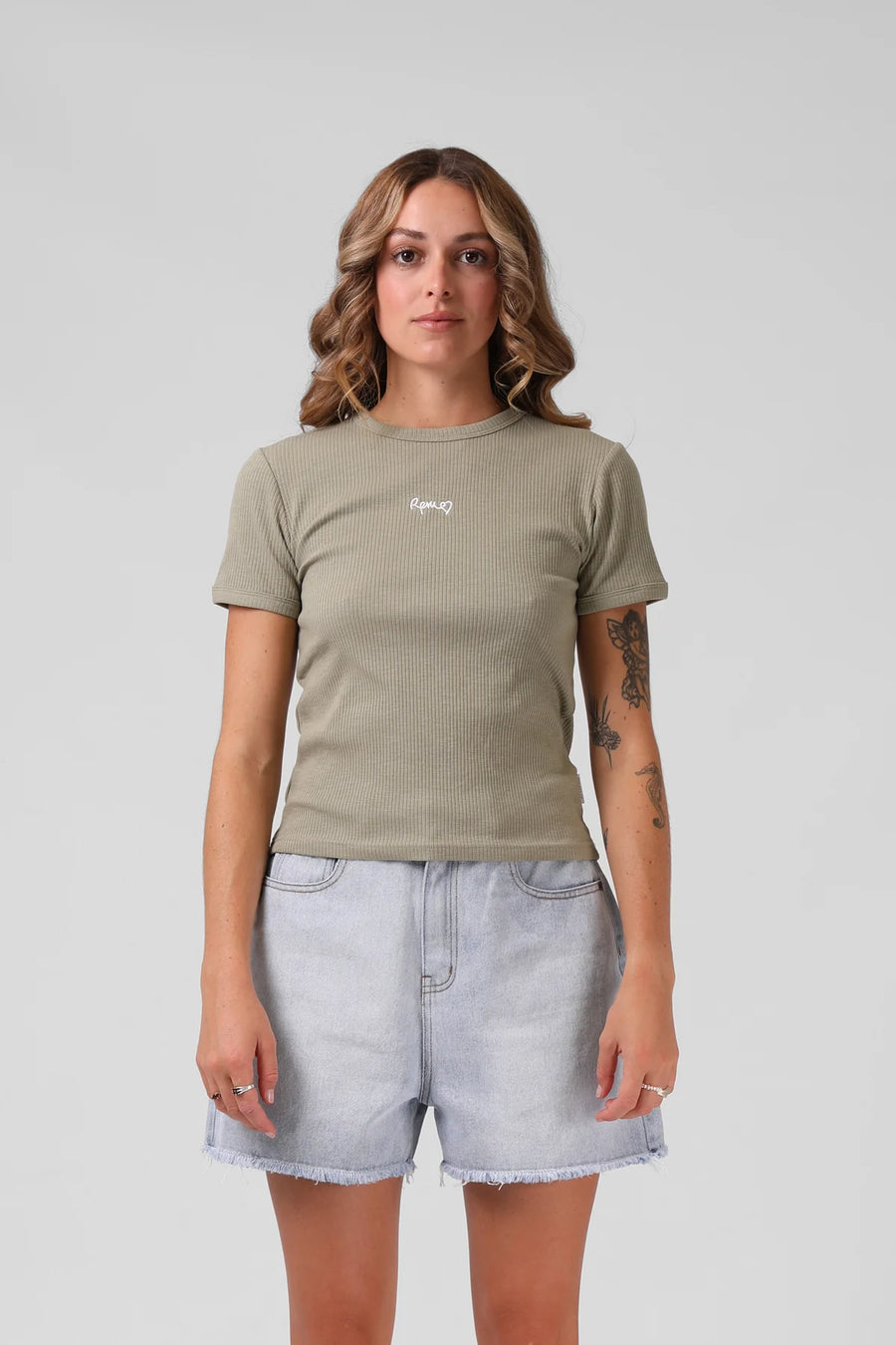 RPM HEART RIBBED TEE - LIGHT OLIVE - WILDROSE