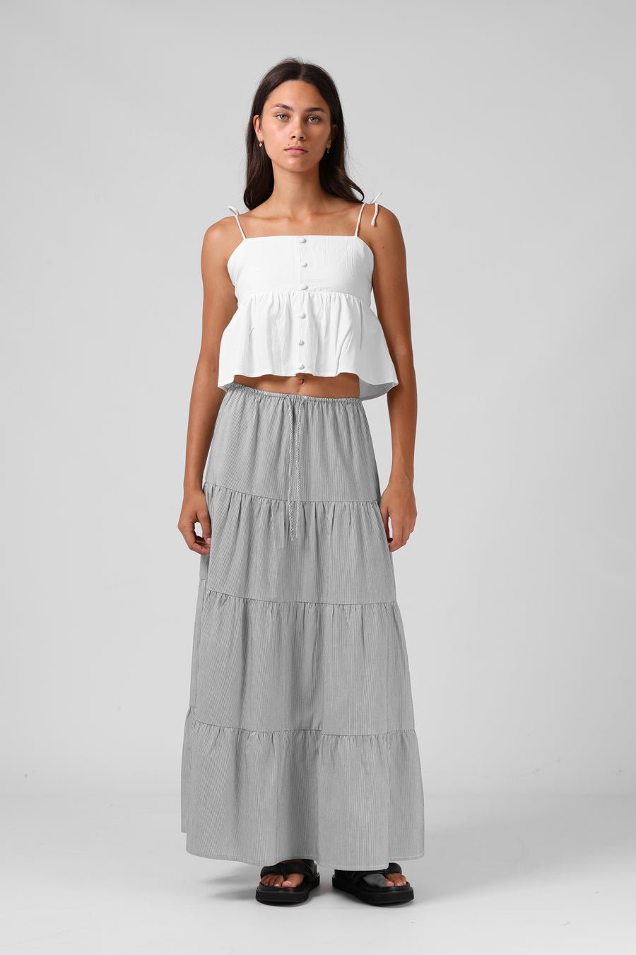 RPM RUBY MAXI SKIRT - B/W PINSTRIPE - WILDROSE