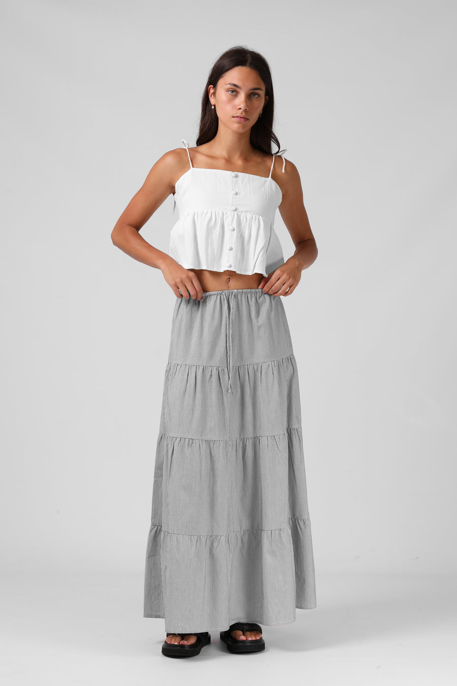 RPM RUBY MAXI SKIRT - B/W PINSTRIPE - WILDROSE