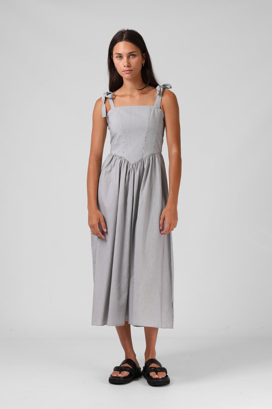 RPM SOFIA MIDI DRESS - B/W PINSTRIPE - WILDROSE