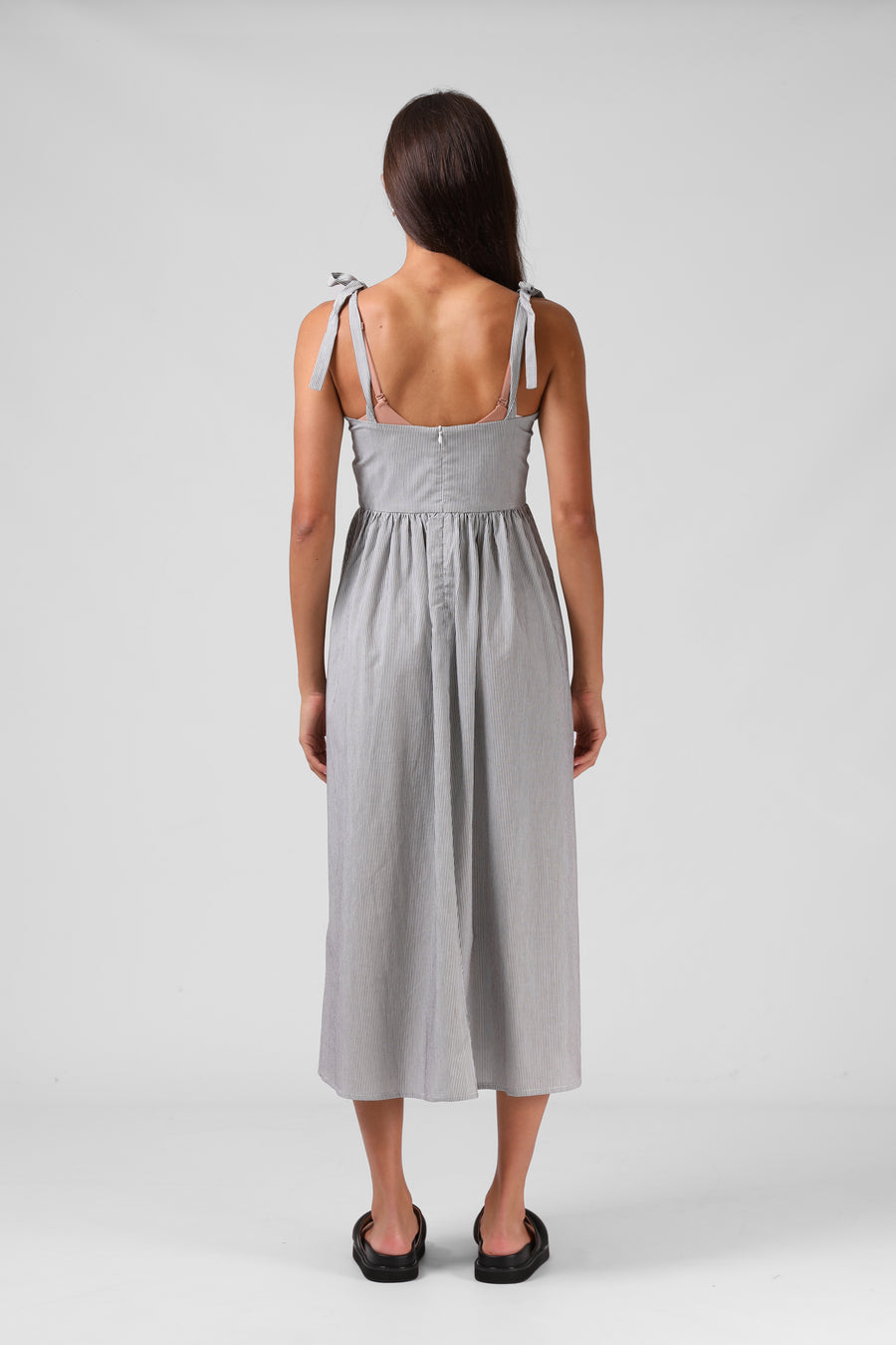 RPM SOFIA MIDI DRESS - B/W PINSTRIPE - WILDROSE