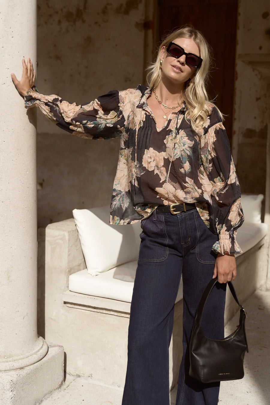 IVY + JACK REFINED NAVY PEACH FLORAL LS PINTUCK TOP - WILDROSE