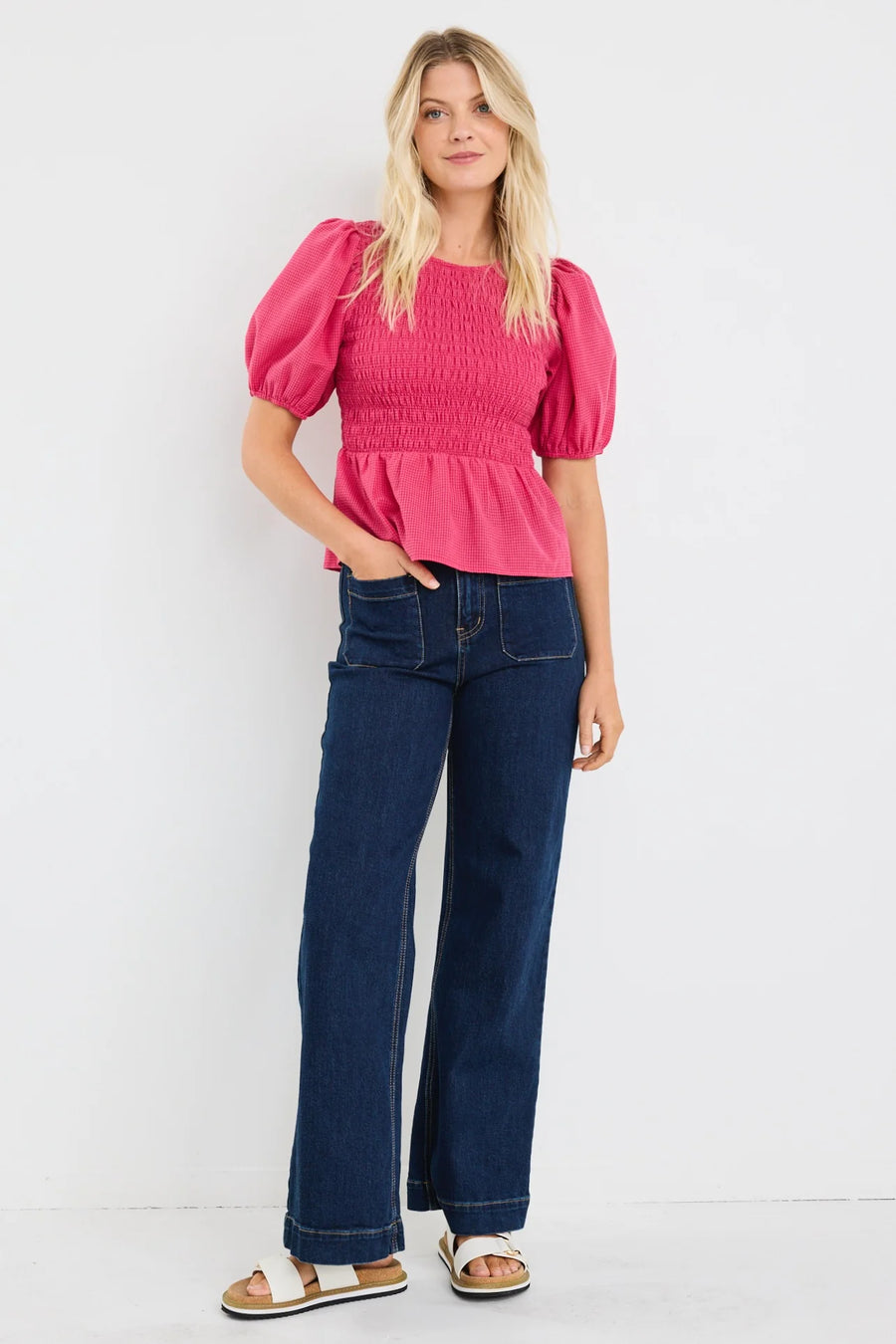 AMONG THE BRAVE REQUITE RASPBERRY DITSY GINGHAM SHIRRED BODY SS TOP - WILDROSE