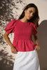 AMONG THE BRAVE REQUITE RASPBERRY DITSY GINGHAM SHIRRED BODY SS TOP - WILDROSE