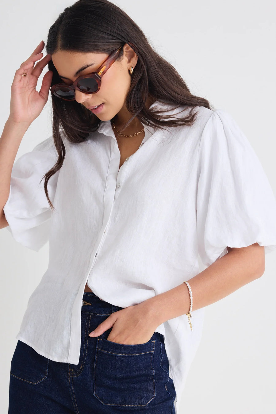 AMONG THE BRAVE RESTED WHITE LINEN BUBBLE SLEEVE SHIRT - WILDROSE