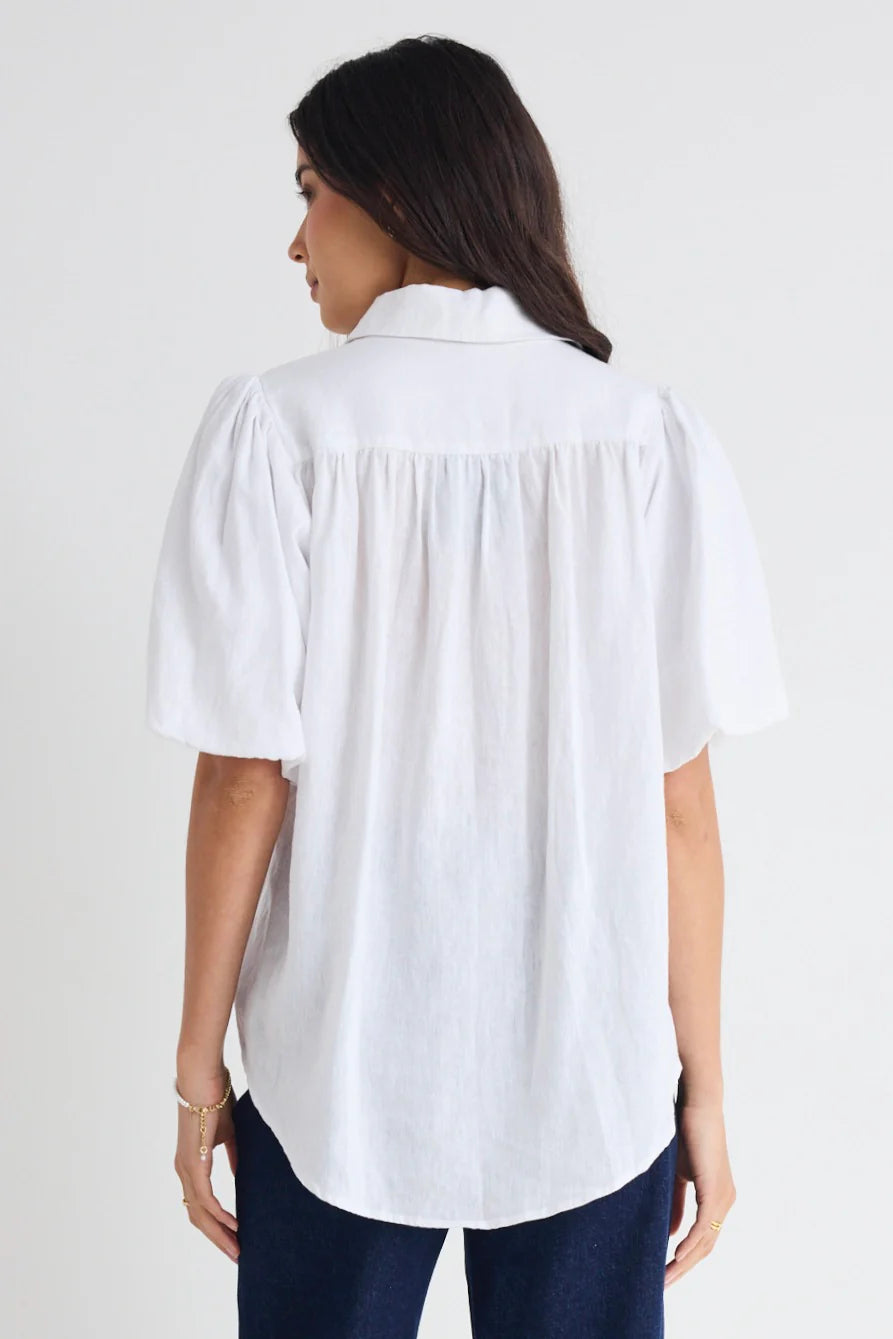 AMONG THE BRAVE RESTED WHITE LINEN BUBBLE SLEEVE SHIRT - WILDROSE