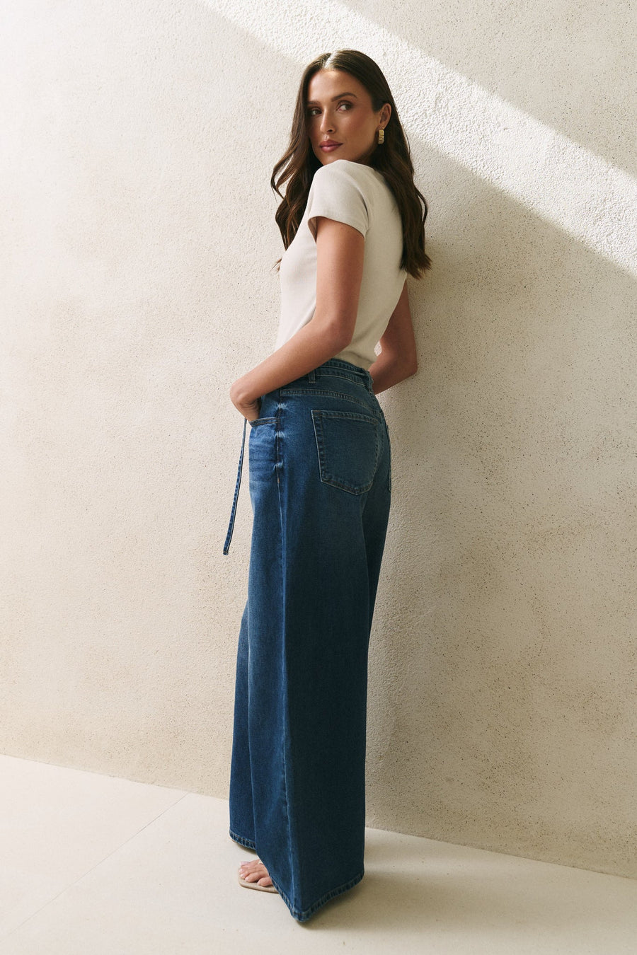 STORIES TO BE TOLD COLLEGE DEEP BLUE WIDE LEG TIE BELT JEAN - WILDROSE