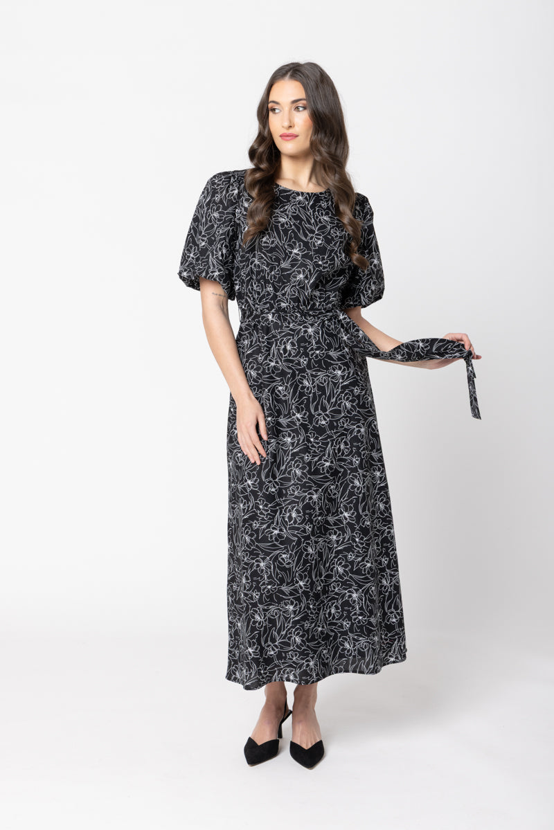 SEEKING LOLA SPARKLING DRESS - BLACK FLORAL SKETCH - WILDROSE