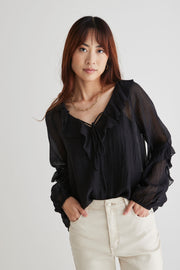 AMONG THE BRAVE DAILY SHEER TEXTURE FRILL FRONT TOP - BLACK