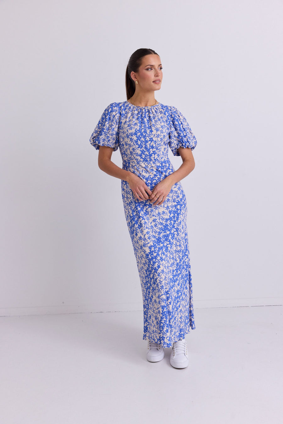 STORIES TO BE TOLD ASTRID BLUE FLORAL SLEEVE BIAS MAXI DRESS - WILDROSE