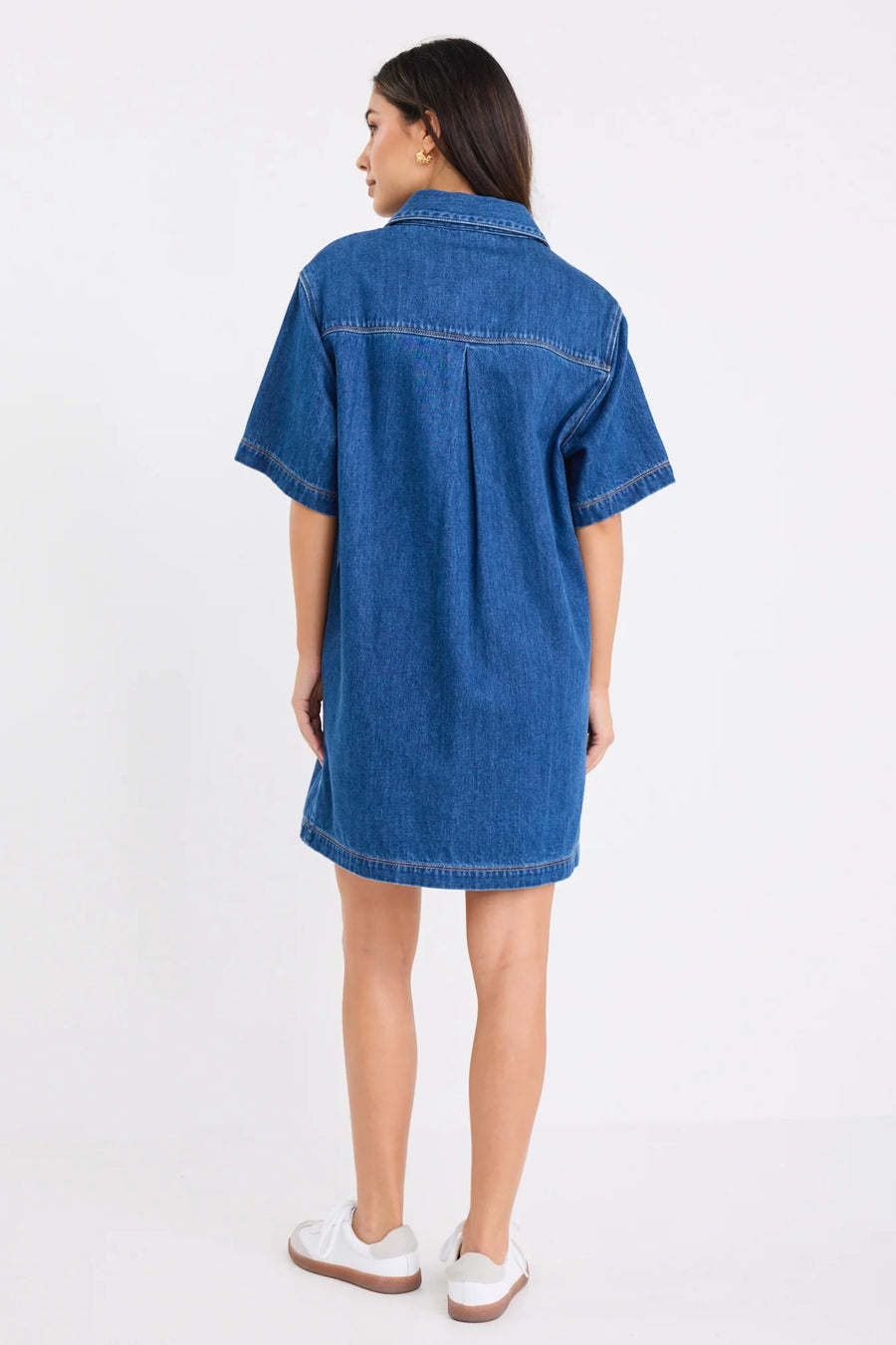 STORIES BE TOLD SHORTCUT STORM BLUE DENIM SHORT SLEEVE BOXY MINI SHIRT DRESS - WILDROSE