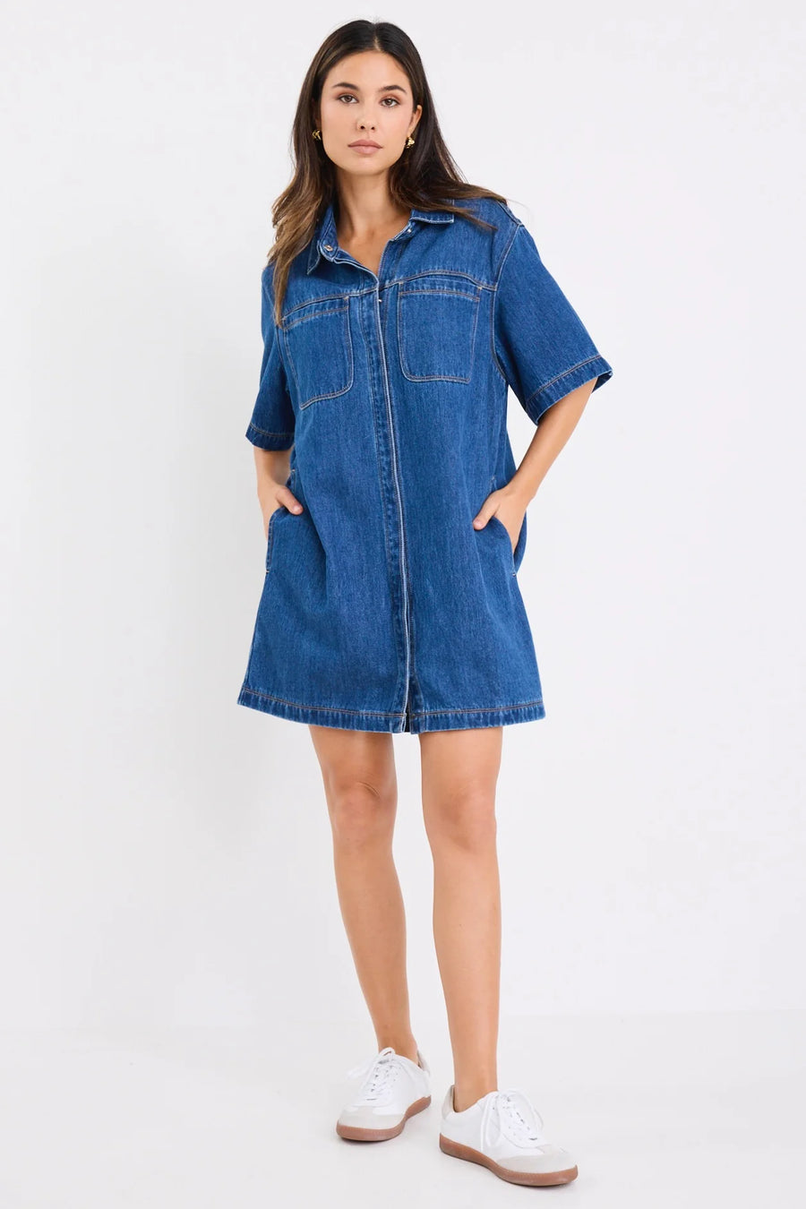 STORIES BE TOLD SHORTCUT STORM BLUE DENIM SHORT SLEEVE BOXY MINI SHIRT DRESS - WILDROSE