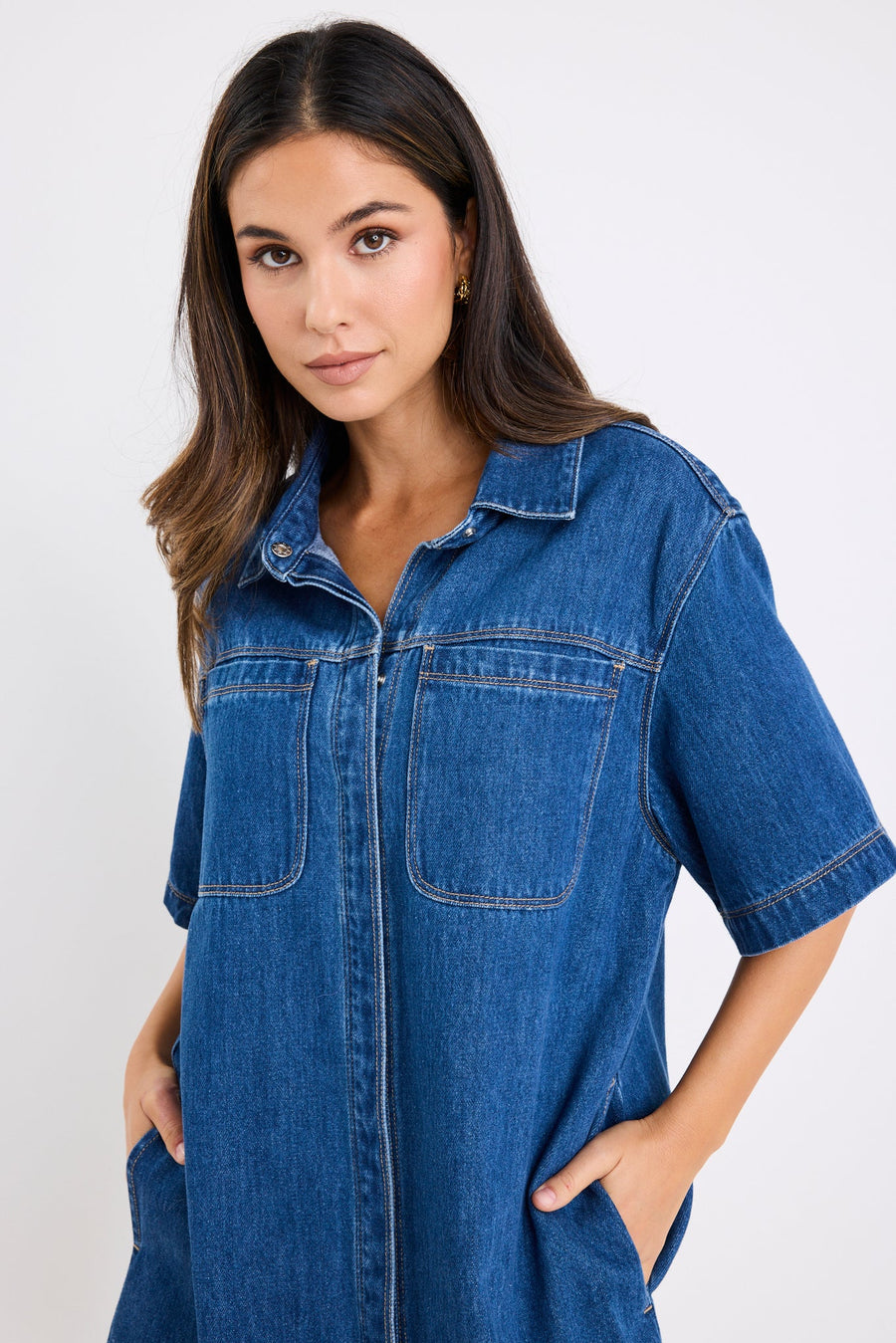 STORIES BE TOLD SHORTCUT STORM BLUE DENIM SHORT SLEEVE BOXY MINI SHIRT DRESS - WILDROSE
