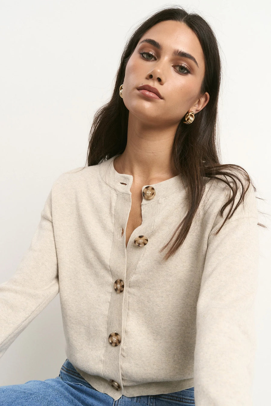 IVY+JACK SOLAR OAT COTTON FINE KNIT CREW CARDIGAN - WILDROSE