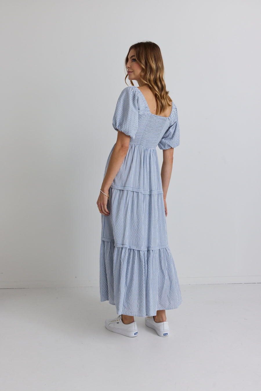 IVY + JACK SPARROW BLUE STRIPE PUFF SLEEVE TIERED MAXI DRESS - WILDROSE